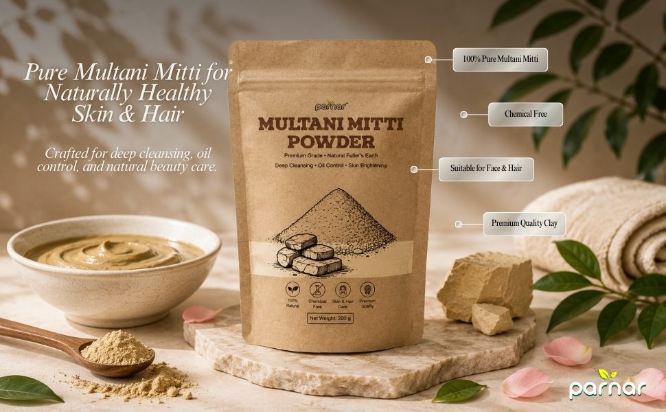 Parnar Multani Mitti Powder pouch styled with natural clay paste and rose petals