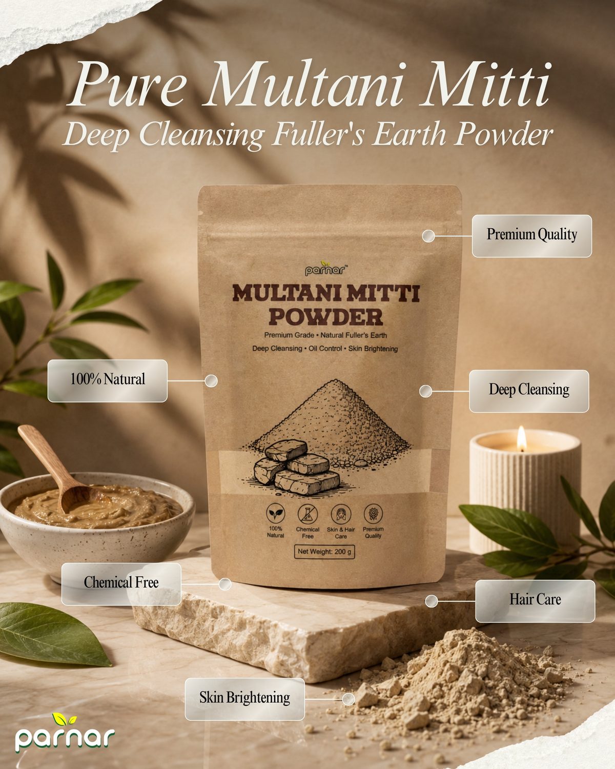 Pure Multani Mitti Powder styled with clay paste and natural ingredients