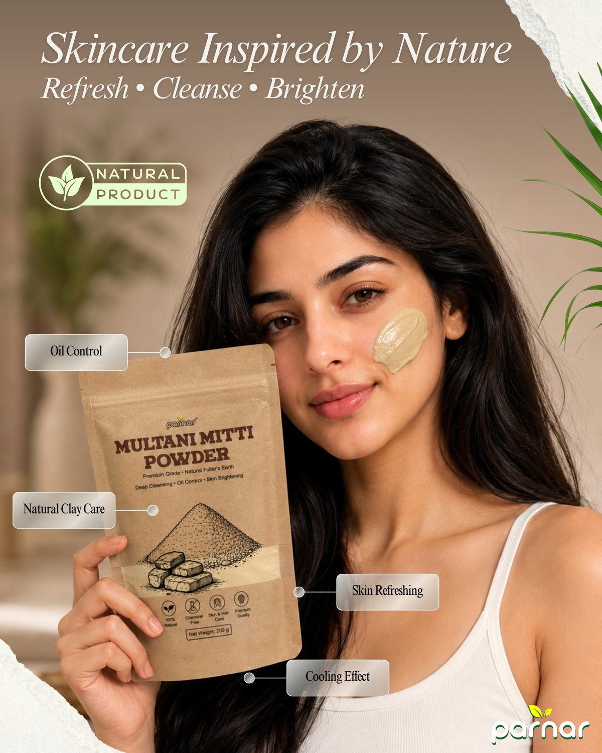 Model applying Multani Mitti paste, skincare inspired by nature